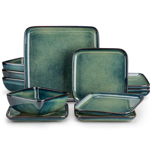 vancasso Stern Green Dinner Set Square Reactive Glaze Tableware 12 Pieces Kitchen Dinnerware Stoneware Crockery Set with Dinner Plate, Dessert Plate, Bowl Service for 4 vancasso Stern Green Dinner Set Square Reactive Glaze Tableware 12 Pieces Kitchen Dinnerware Stoneware Crockery Set with Dinner Plate, Dessert Plate, Bowl Service for 4