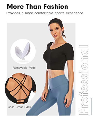 Image of Ecupper Womens Short Sleeve Sport Crop Top Strappy Padded Backless Yoga Top Workout Fitness Shirt