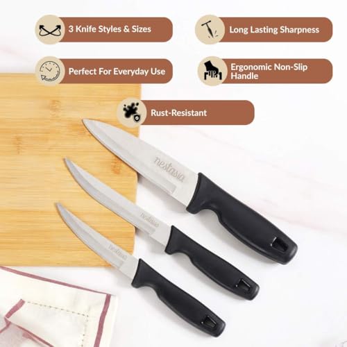 Image of Nestasia Stainless Steel Kitchen Knife Set of 3 for Home (10 Inch, 9 Inch, 8 Inch) - Rust-Resistant Sharp Vegetable Knife with Non-Slip Handle for Cutting, Chopping, Slicing & Cooking