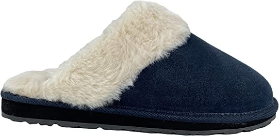 Image of Clarks Womens Open Back Suede Leather Comfort Clog Slipper JMS0583C - Plush Faux Fur Trim - Indoor Outdoor House Slippers for Women (Navy Premium Suede, 9)