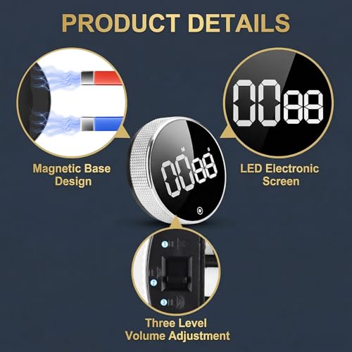 Digital Magnetic LED Display Visual Timer Countdown Countup Kitchen Timers Adjustable Volume Productivity for Classroom Cooking Fitness Baking Studying Ease of Use in a Stylish Sliver - Image 4