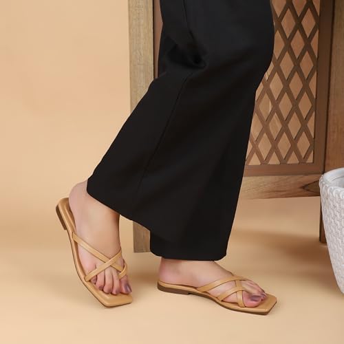Image of Women's Strappy Slide Sandals, Square Toe, Casual Flat Slippers TPU Sole Comfortable Slip-On Flats for Casual & Dressy Looks