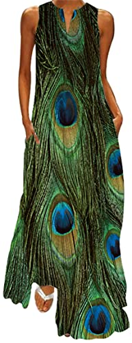 Ocean Plus Damen Ärmelloser Langer Rock V-Ausschnitt Bedrucktes Blumenkleid Ärmelloses Maxikleid mit V-Ausschnitt (S, Pfau)