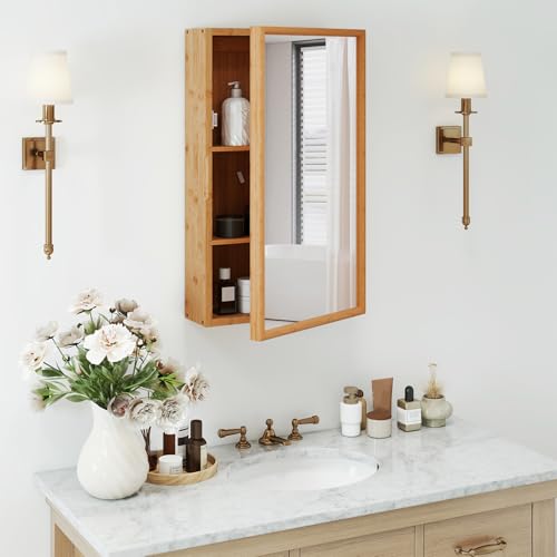 RELAX4LIFE Bamboo Medicine Cabinet with Mirror - Bathroom Cabinet Wall