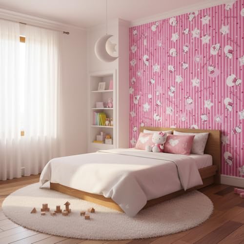Image of Pink Kitty Kids & Circle Textured Kids Room Wallpaper | Peel & Stick Self Adhesive | Waterproof Removable PVC Vinyl | Baby Boy Room Decoration 16 x 96 Inch