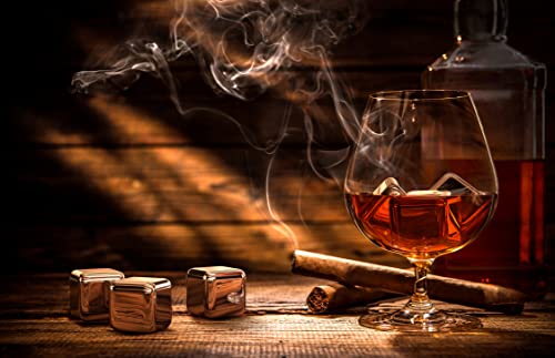 Foto von Whisky Steine Set - 8 Wiederverwendbare Edelstahl Eiswürfel, Zange + Stoffbeutel, Whiskey Ice Cubes Metall Kühlsteine Bar Zubehör Cocktail Rocks Gin Stones Dekorationszubehör Geschenk Whiskysteine