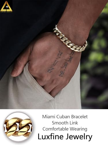 12mm Miami Cuban Link Bracelet 14K REAL Gold Plated Hypoallergenic Premium Stainless Steel Hip Hop Jewelry For Men Women Father Day Birthday Gift (No Color Fade, Double-sided Iced Out Clasp)2