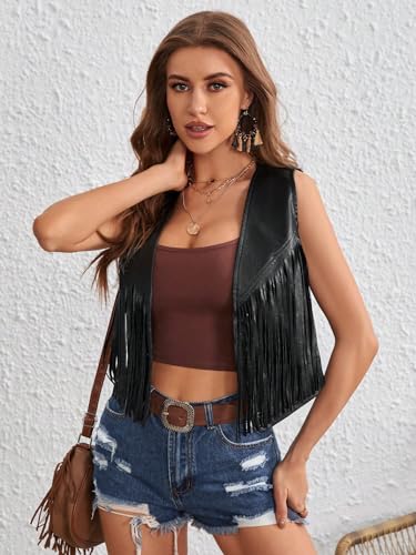 WDIRARA Women's PU Fringe Sleeveless Vest Tassel Faux Leather Open Front 70S Hippie Jacket Cardigan3