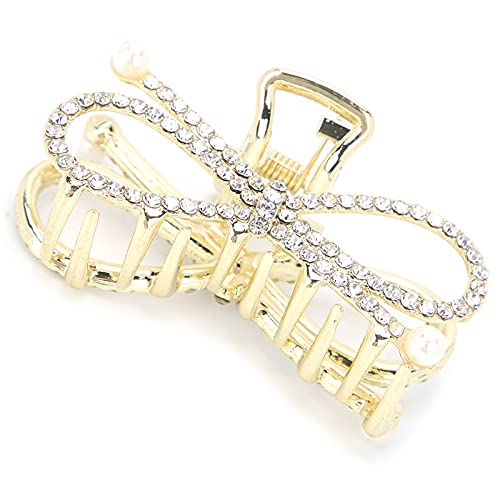 Women's Hair Claw Clip, Strong Hold NonSlip Rhinestones Hair Catch Clamps, Faux Pearl Decorative Hair Jaw Clip for Thick Thin Curly Straight Hair (2# bow)