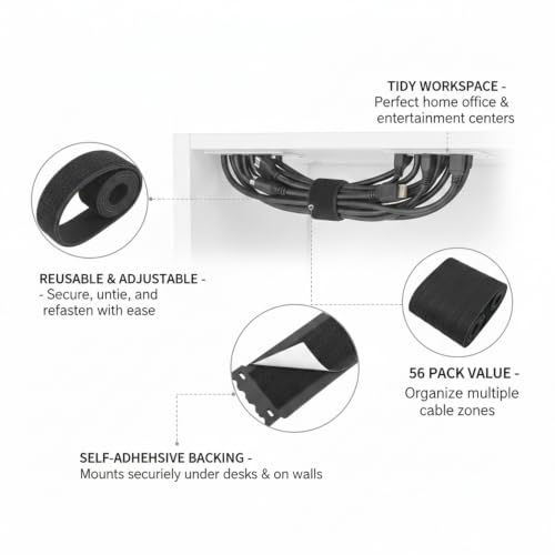 56 Pack Bridas Auto Adhesivas para Cables, Organizadores de Cuerdas de Nylon y Poliéster Reutilizables de 5.9 Pulgadas para Gestión de Cables Bajo Escritorio, Negro miniatura 5