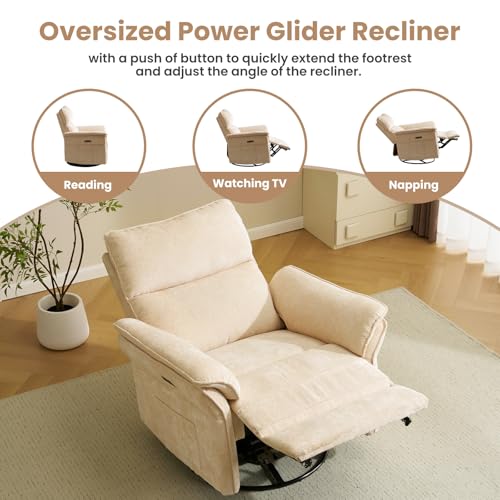 Image of Oversized Rocking Chair Nursery with Massage and Heat, Glider Recliner Nursery Chair with Adjustable Headrest, Power Swivel Rocker Recliner Chair with USB Port,Beige