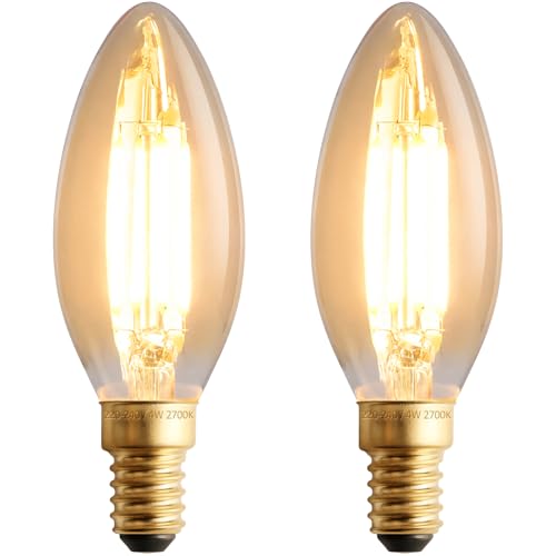 Image of scicent 2 Pack E14 LED Candle Light Bulbs Warm White, C35, 4W, 2700K, Amber Glass, Dimmable Vintage Light Bulb, Small Screw Edison Light Bulb