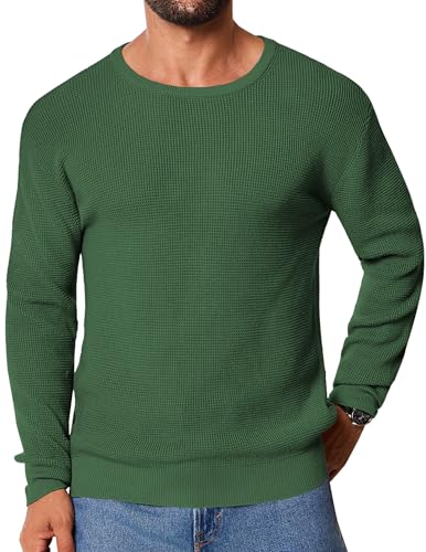Vssjavun Mens Crewneck Pullover Sweater Waffle Textured Knitted Sweater Loose Fit Long Sleeve Casual Sweaters