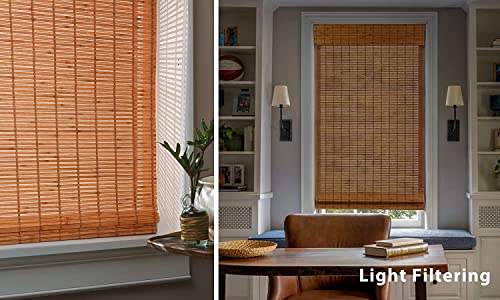 Image of LazBlinds No Tools No Drill Cordless Bamboo Roman Shades, Light Filtering Window Treatment, Roll Up Bamboo Blinds for Windows 33'' W x 64'' H, Wood