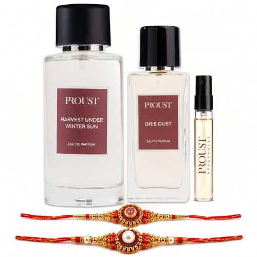 Image of PROUSTFRAGRANCES Harvest Sun Perfume 100ml Raksha Bandhan Gift Set | Gris Dust EDP 50ml, 2 Designer Rakhis & 1 Tester included | Luxury festive perfume featuring warm floral and aquatic notes