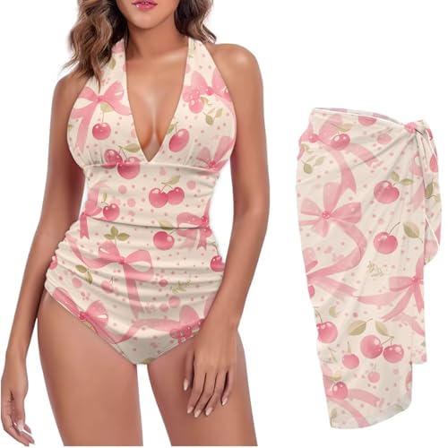 Women‘s One Piece Swimsuit with Cover Up Set Sexy V-Neck Halter Bathing Suit Tummy Control Beach Swimwear for Beach