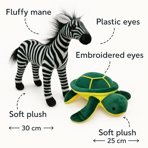 Image of Zebra & Turtle Soft Toy Combo - 30cm Zebra & 25cm Turtle Plush Animal Set for Kids | Cute Jungle & Sea Creature Stuffed Toys | Soft & Huggable | Boys & Girls Gift