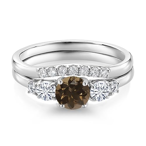 10K White Gold Brown Smoky Quartz White Moissanite and White Lab Grown Diamond 5 Stone Bridal Engagement Wedding Ring Set For Women (0.81 Cttw, Round: 5MM and 3MM, Available in Size 5,6,7,8,9)3