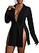 LYANER Women's Button Down Shirt Dress Collar V Neck Long Sleeve Slit Sexy Shirt Dresses Black Large