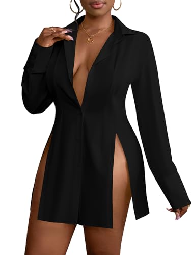 LYANER Women's Button Down Shirt Dress Collar V Neck Long Sleeve Slit Sexy Shirt Dresses3