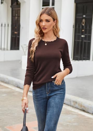 Image of GRACE KARIN Long Sleeve Fall Sweaters for Women Trendy Business Casual Tops | Fashion Clothes,Classic Pullover Shirt,Crew Neck,Scalloped,Lightweight,Soft Comfy,Fitted,Knit,Stretchy,Winter Layer Clothing