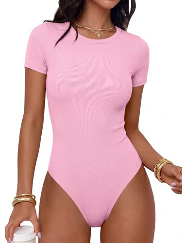 ANRABESS Womens Short Sleeve Bodysuit Crew Neck Slim Fit Ribbed Knit Tops Trendy 2026 Outfits Versatile for Daily Wear Pink Medium