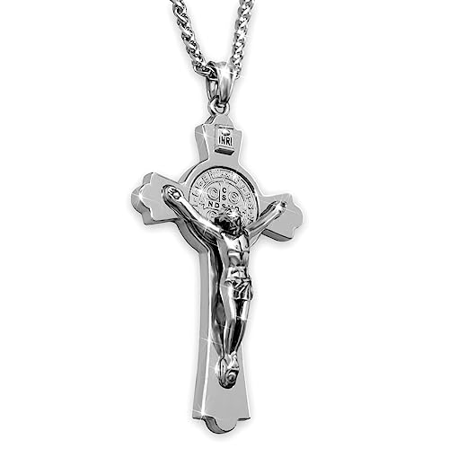 St Benedict Crucifix Necklace Saint Benedict Medal Cross Bless Safety Religion Pendant Gift for Family, Parent, Friend, Men, Women
