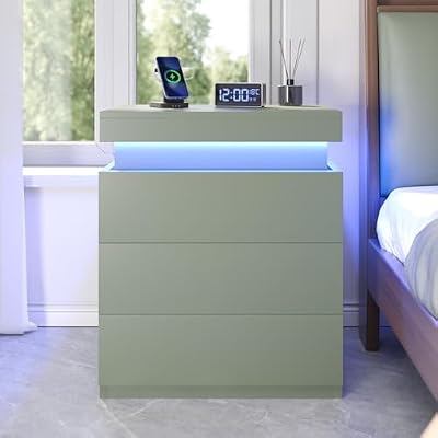ADORNEVE Nightstand with Charging Station and LED Lights, Night Stand with Sliding Top,Bedside Table with Drawers,Modern End Side Table for Bedroom,Green