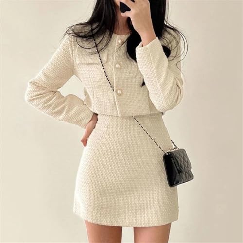 Women Tweed Two Piece Sets Long Sleeve Pearl Buttons Short Jacket And A Line Mini Skirt Set2