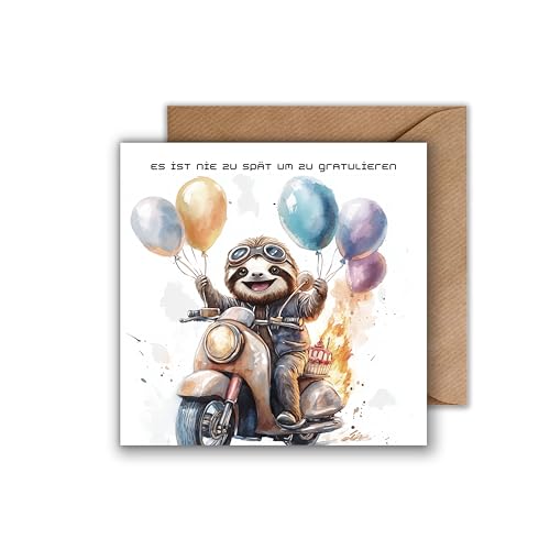 Geburtstag Karte mit Umschlag - Geburtstagskarte \"Es ist nie zu spät, um zu gratulieren\" Faultier Brennender Scooter Torte Luftballons Aquarell Verspätet Vergessen Verpasst Nachträglich (125 x 125 mm) Geburtstag Karte mit Umschlag - Geburtstagskarte \"Es ist nie zu spät, um zu gratulieren\" Faultier Brennender Scooter Torte Luftballons Aquarell Verspätet Vergessen Verpasst Nachträglich (125 x 125 mm)