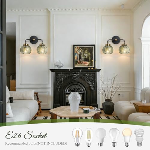 Image of 2 Light Bathroom Vanity Light Black and Gold Vanity Lights Vintage | Thick glass Bathroom Lights Fixtures Modern Wall Lamps Farmhouse Dining room Sconce art deco above mirror Lighting fixture
