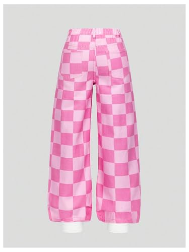 WDIRARA Girl's Checkered Straight Leg Baggy Jeans Elastic High Waist Denim Pants2