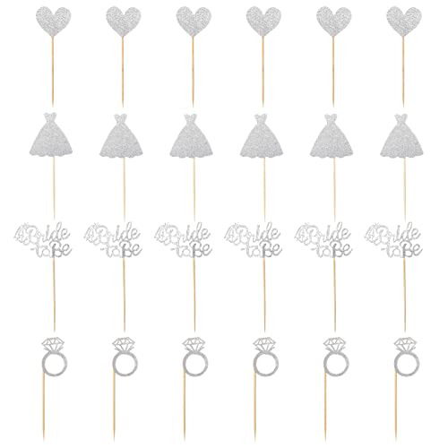 24 Pcs Glitter Bride Cupcake Toppers Silver Bridal Shower Cupcake Picks with Heart Ring Dress for Wedding Engagement Anniversary Party Cake Decorations