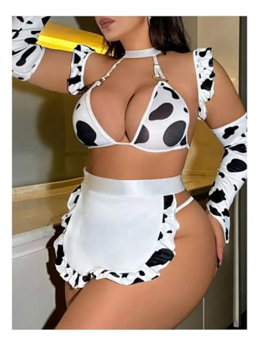 Image of GirlFriend Women's Plus Size 6 Piece Costume Sets Cow Print Cut Out Tie Back Lingerie Set Babydoll for Women Girl Black