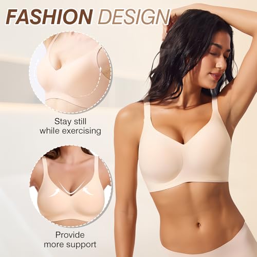 Image of Greoay Bras for Women Wireless Push Up Seamless Wire-Free Bras Full Support T-Shirt Bra V Neck Comfortable Adjustable Bra