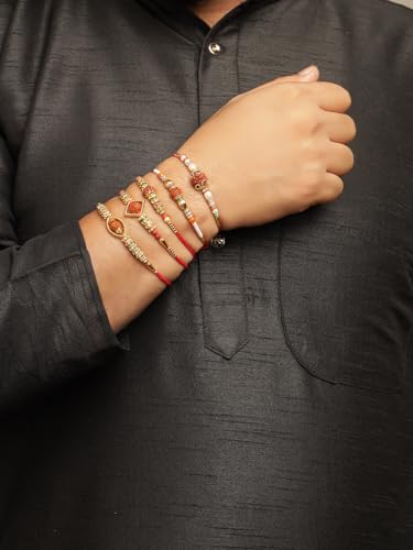 Image of Sukkhi Rakhi Classic Gold Plated with AD Stones & Pearls Rudraksha Rakshabandhan Combo Rakhi for Brother with Roli Chawal & Greeting Card|Set of 5|CBRAK107451