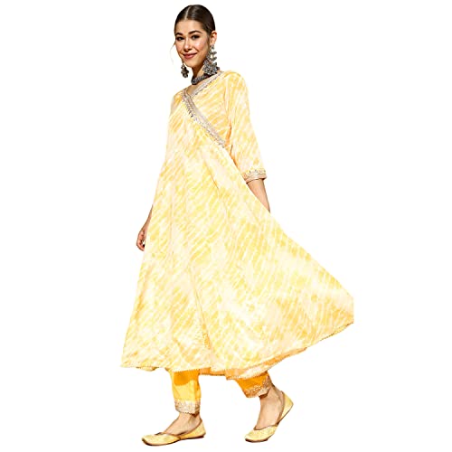 Image of ishin Women's Silk Tie & Dye Zari Embroidered Anarkali Kurta Trouser Dupatta Set