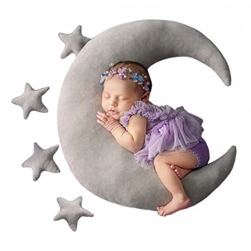 1+4pcs Newborn Photography Pillow Set Newborn Posing Photography Prop Moon Star Baby Picture Prop Newborn Photo Props for Babies Newborn Photography Props Baby Moon Nursery Pillow (C-Grey)