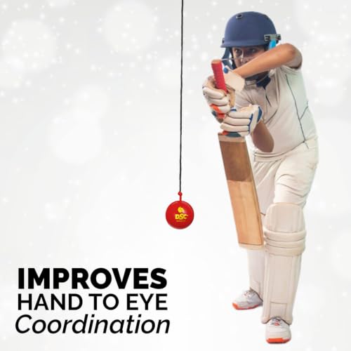 Image of DSC Hanging Leather Ball with Attached Nylon Rope - Premium Training & Bat Knocking Ball for Solo Practice, Hand-Eye Coordination & Stroke Improvement - Professional Grade Cricket Training Aid (Red)