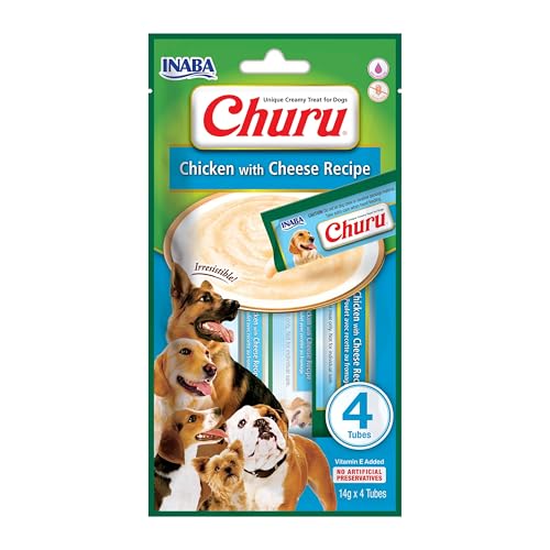 INABA Churu Snack per Cani Cremoso al Pollo e Formaggio - 1 Pack (4 Stick x 16gr) - Premietti Cane Ipocalorici, Morbidi e Deliziosi, Cibo per Cani Senza Conservanti o Coloranti Artificiali, Grain-Free