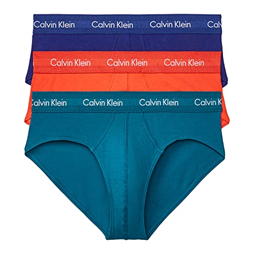 Calvin Klein Men's Cotton Stretch Multipack Hip Brief, BYOU Blue, Exotic Coral, Topaz Gemstone, M