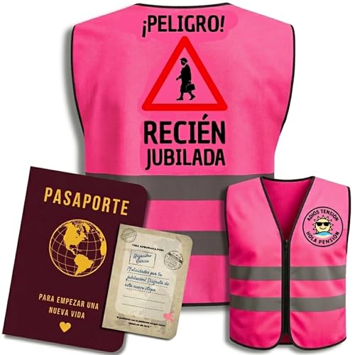 Regalo Jubilación Mujer | Chaleco Reflectante Divertido y Libro de Firmas Pasaporte | Regalos Originales y Graciosos para Jubilados, Fiesta Despedida y Feliz Jubilación (¡Cuidado! Jubilada en Acción)