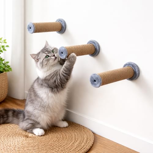 Image of Wall-Mounted Cat Scratching Poles, Natural Jute, Blue Plush Ends, Space-Saving Design (10X5 INCH) (FURR-155) (Grey)