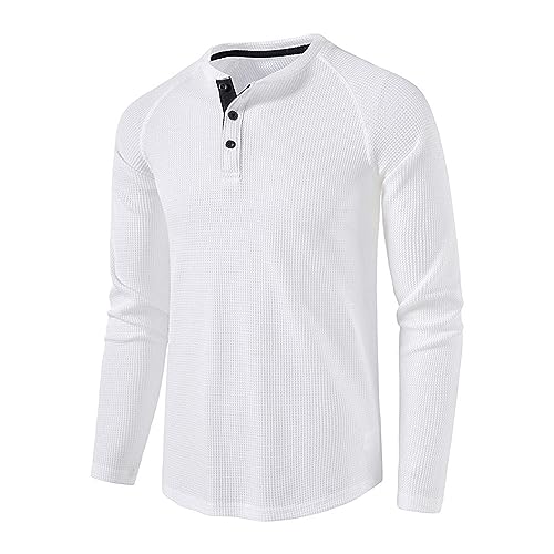 JEKE-DG Men's Long Sleeve Waffle Henley Shirts Casual Ribbed Slim Fit T Shirts Lightweight Fashion Pullover Shirts (Large,White)