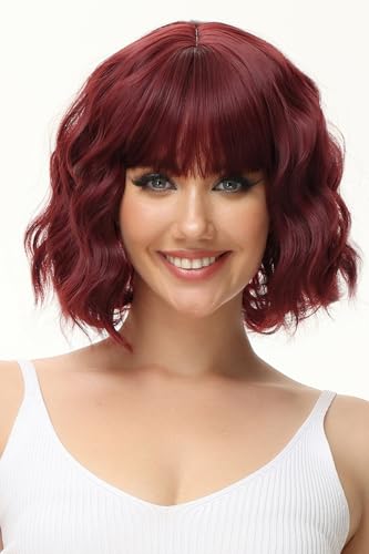 Image of Rose bud Wavy Bob Wig with Bangs Natural Wine Red Wig Synthetic Hair Shoulder Length Short Curly Wigs for Women