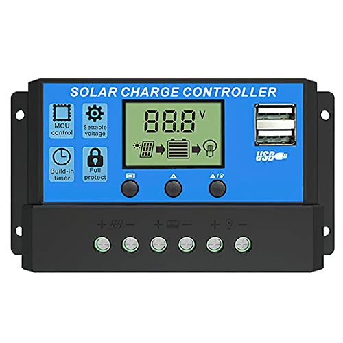 ALLPOWERS 30A Solar Charge Controller Solar Panel Battery Intelligent Regulator with Dual USB Port 12V/24V Timer Setting PWM Auto Parameter Adjustable LCD Display