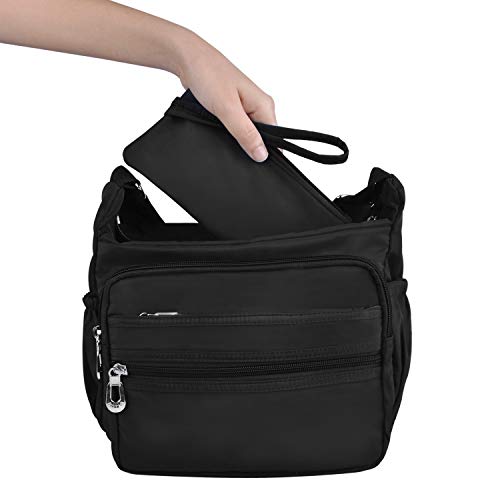 NOTAG Umhängetasche Damen, Wasserdicht Nylon Schultertasche Mehrfachtasche Handtasche mit RFID Geldbörse (S, Schwarz) – Bild 6