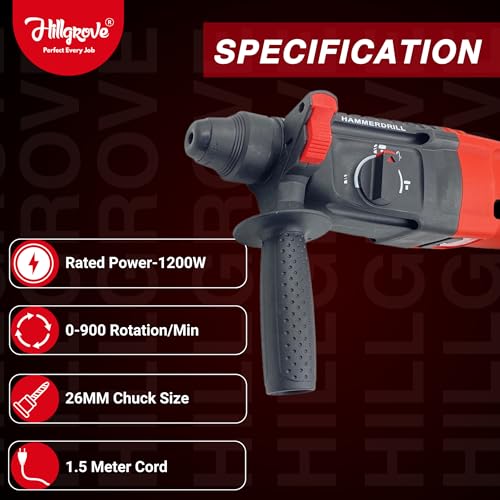 Image of Hillgrove H26H7 3 Modes Electric Rotary Hammer Drilling Impact Machine Industrial 26mm Hammer Impact Drill Machine Forward /Reverse Rotaion with 5 Bits for Making Holes in Metal /Wood /Concrete (1200 W)
