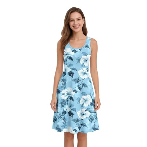 Image of Women Stylish Tank Dresses Sleeveless Round Neck Midi Casual Dress with Pocket for Summer