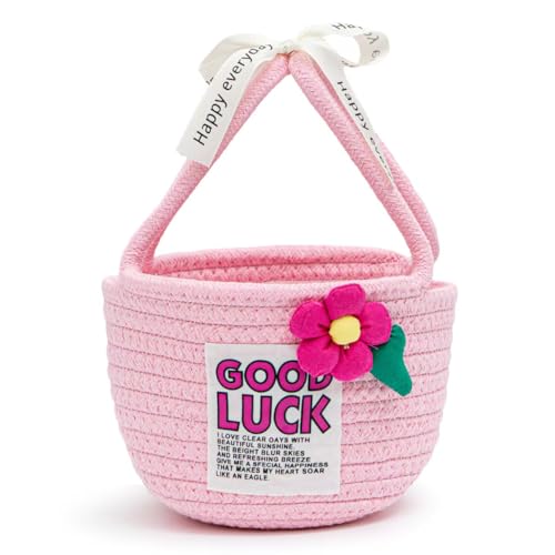 Lianxuia Cesto portaoggetti rosa con manico, in corda di cotone intrecciato, 18 x 11 cm, cestino portaoggetti piccolo per baby shower, cestino organizer per asciugamani, coperte, giocattoli, vestiti